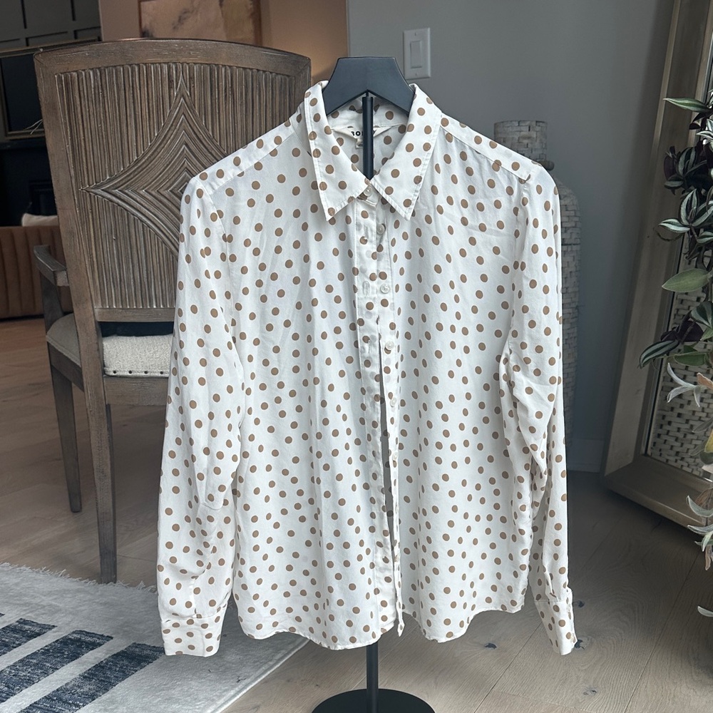 Boden Silk White Button-Up Blouse with Brown Polka Dots
